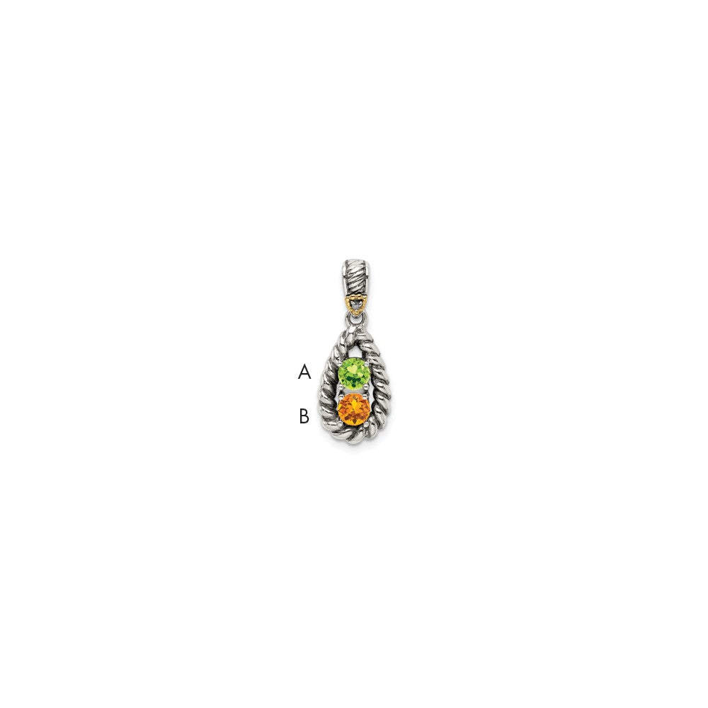 Sterling Silver Antiqued w/14k 2-stone w/Diamond Mother's Pendant QMPD25_2--6