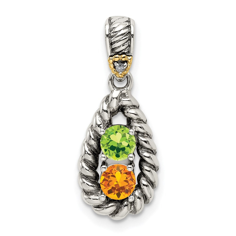 Sterling Silver Antiqued w/14k 2-stone w/Diamond Mother's Pendant QMPD25_2--6