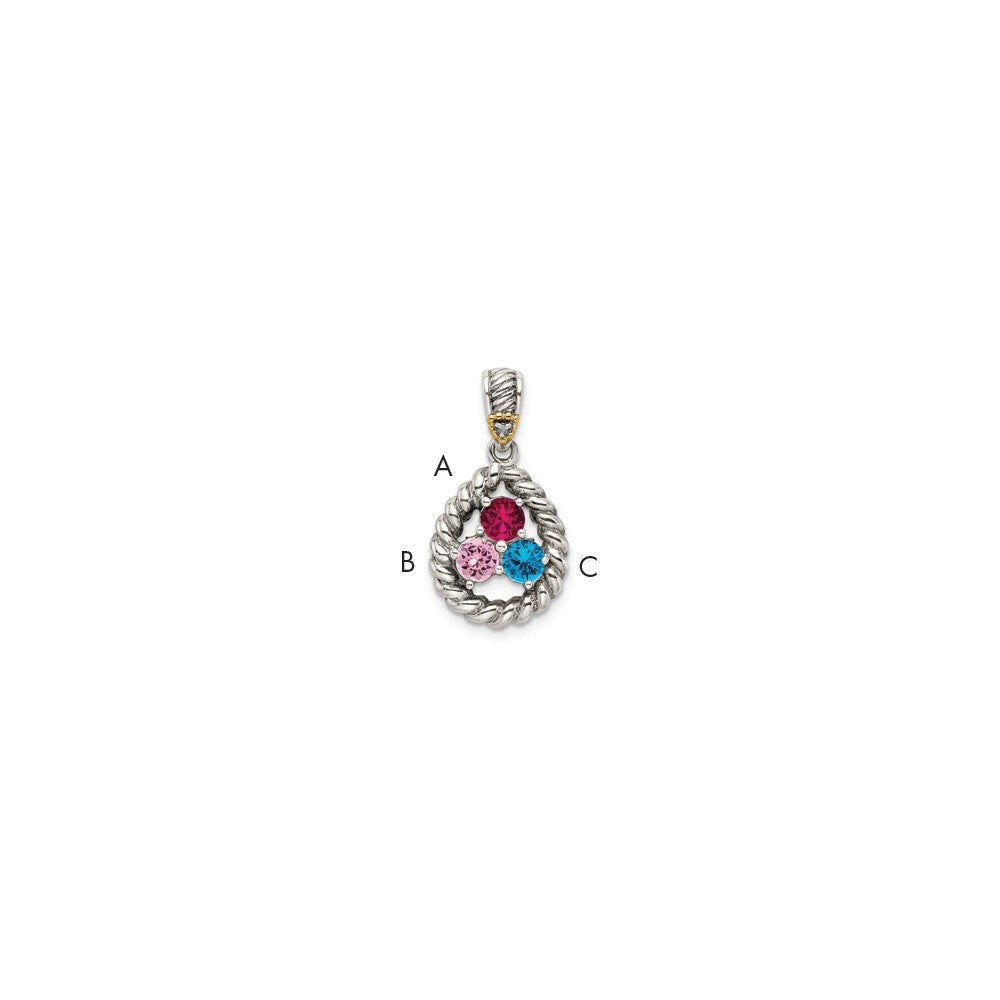 Sterling Silver Antiqued w/14k 3-stone w/Diamond Mothers Pendant Semi-Mount QMPD25_3--6