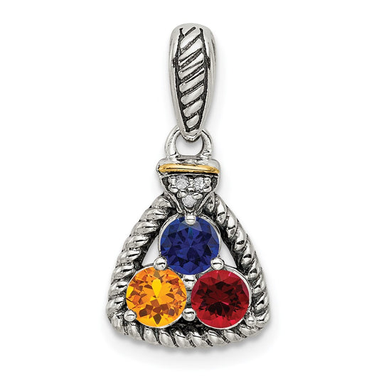 Sterling Silver Antiqued w/14k 3-stone w/Diamond Mother's Pendant QMPD26_3--6