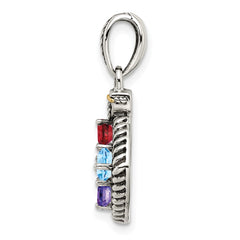 Sterling Silver Antiqued w/14k 4-stone w/Diamond Mother's Pendant QMPD26_4--6
