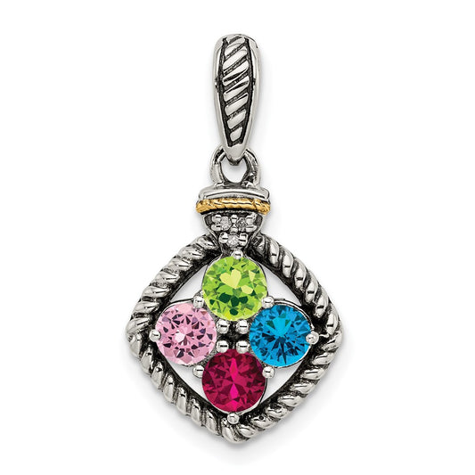 Sterling Silver Antiqued w/14k 4-stone w/Diamond Mother's Pendant QMPD26_4--6