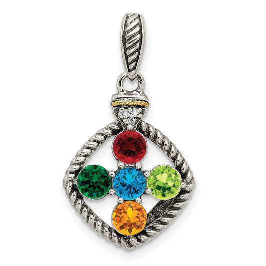 Sterling Silver Antiqued w/14k 5-stone w/Diamond Mothers Pendant Semi-Mount QMPD26_5--6