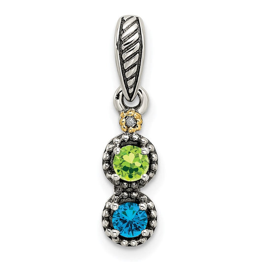 Sterling Silver Antiqued w/14k 2-stone w/Diamond Mother's Pendant QMPD27_2--6
