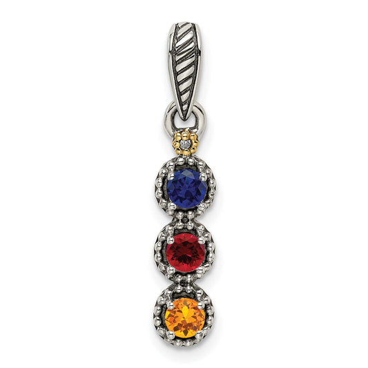 Sterling Silver Antiqued w/14k 3-stone w/Diamond Mother's Pendant QMPD27_3--6