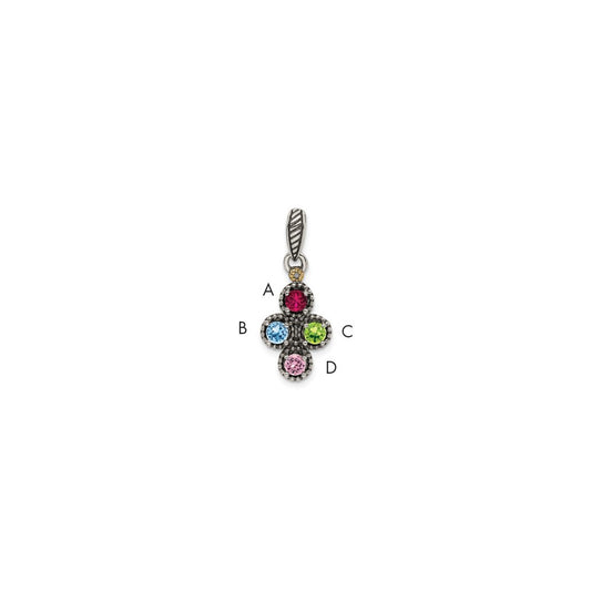 Sterling Silver Antiqued w/14k 4-stone w/Diamond Mother's Pendant QMPD27_4--6