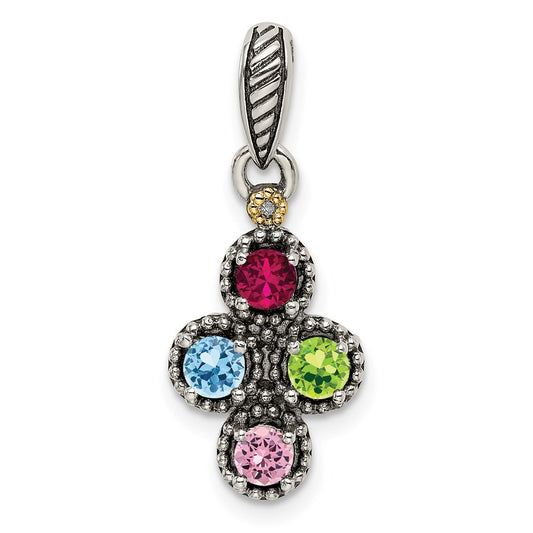Sterling Silver Antiqued w/14k 4-stone w/Diamond Mother's Pendant QMPD27_4--6