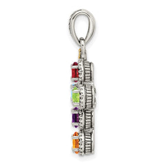 Sterling Silver Antiqued w/14k 5-stone w/Diamond Mother's Pendant QMPD27_5--6