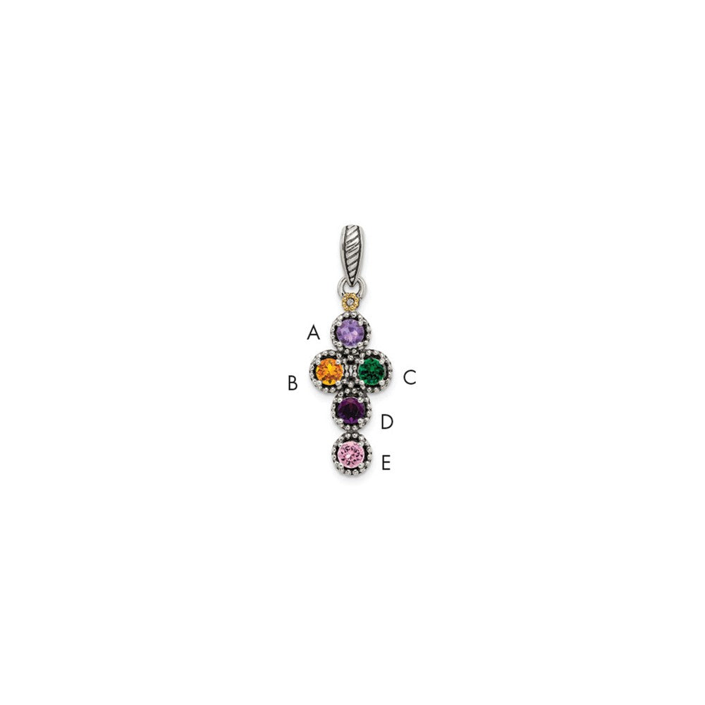 Sterling Silver Antiqued w/14k 5-stone w/Diamond Mother's Pendant QMPD27_5--6