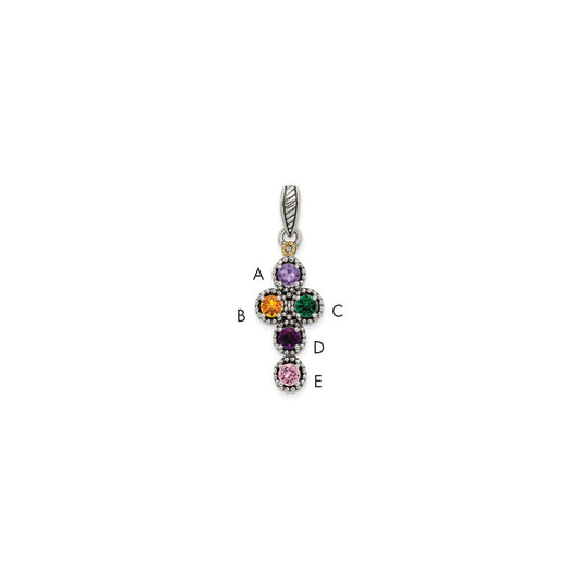 Sterling Silver Antiqued w/14k 5-stone w/Diamond Mother's Pendant QMPD27_5--6