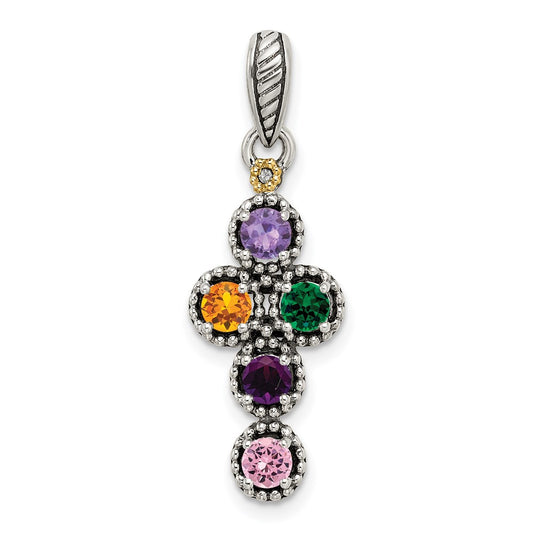 Sterling Silver Antiqued w/14k 5-stone w/Diamond Mother's Pendant QMPD27_5--6