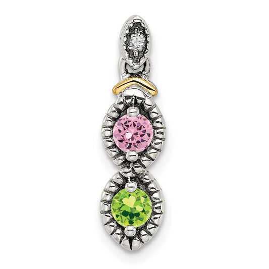 Sterling Silver Antiqued w/14k 2-stone w/Diamond Mother's Pendant QMPD28_2--6
