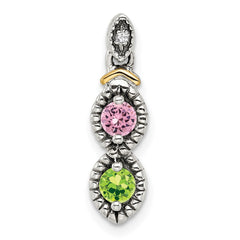 Sterling Silver Antiqued w/14k 2-stone w/Diamond Mother's Pendant QMPD28_2--6