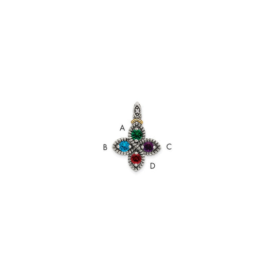 Sterling Silver Antiqued w/14k 4-stone w/Diamond Mother's Pendant QMPD28_4--6