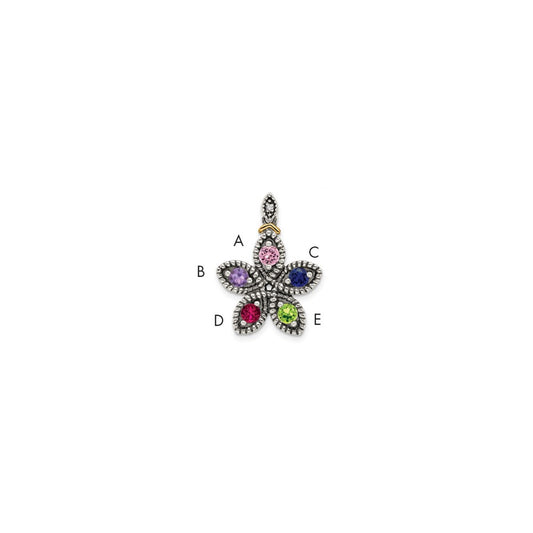 Sterling Silver Antiqued w/14k 5-stone w/Diamond Mother's Pendant QMPD28_5--6