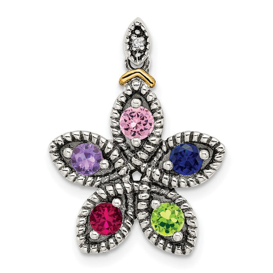 Sterling Silver Antiqued w/14k 5-stone w/Diamond Mother's Pendant QMPD28_5--6