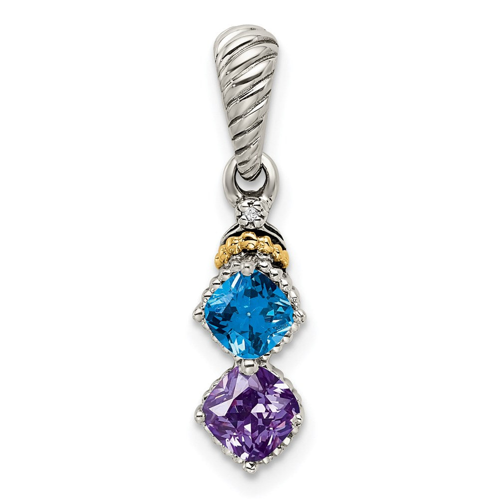 Sterling Silver Antiqued w/14k 2-stone w/Diamond Mother's Pendant QMPD29_2--6