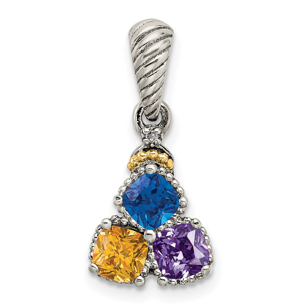Sterling Silver Antiqued w/14k 3-stone w/Diamond Mother's Pendant QMPD29_3--6