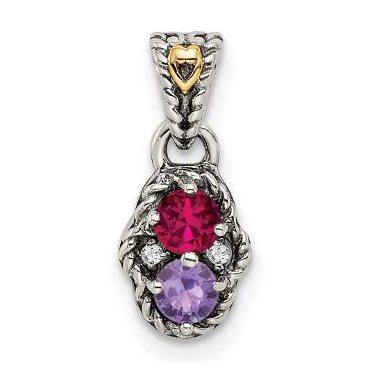Sterling Silver Antiqued w/14k 2-stone w/Diamond Mother's Pendant QMPD38_2--6