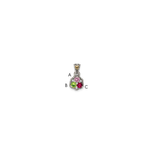 Sterling Silver Antiqued w/14k 3-stone w/Diamond Mother's Pendant QMPD38_3--6