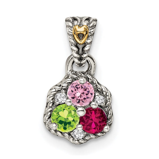 Sterling Silver Antiqued w/14k 3-stone w/Diamond Mother's Pendant QMPD38_3--6
