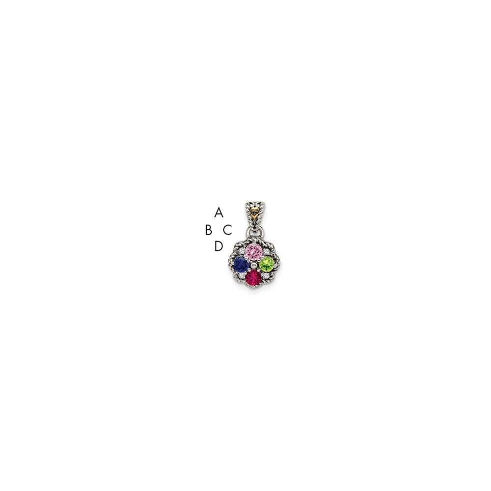 Sterling Silver Antiqued w/14k 4-stone w/Diamond Mother's Pendant QMPD38_4--6