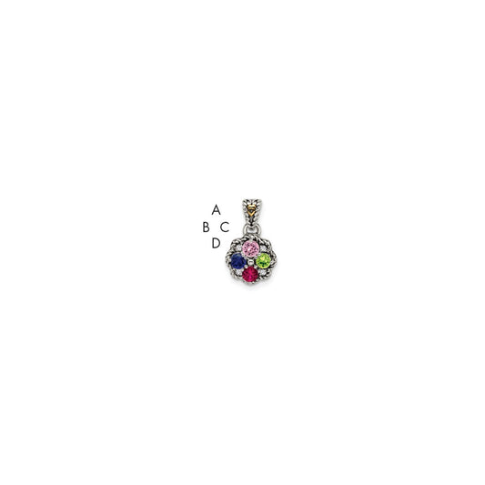 Sterling Silver Antiqued w/14k 4-stone w/Diamond Mother's Pendant QMPD38_4--6