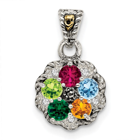 Sterling Silver Antiqued w/14k 5-stone w/Diamond Mother's Pendant QMPD38_5--6