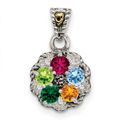 Sterling Silver Antiqued w/14k 5-stone w/Diamond Mother's Pendant QMPD38_5--6