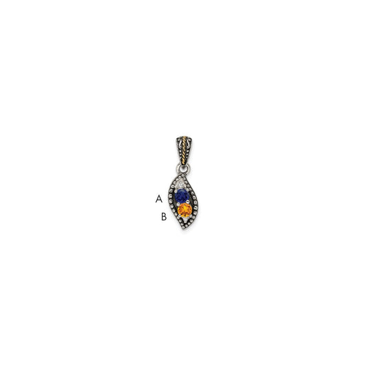 Sterling Silver Antiqued w/14k 2-stone w/Diamond Mother's Pendant QMPD40_2--6