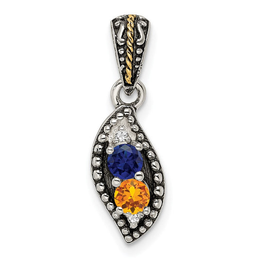 Sterling Silver Antique w/14k 2-stone w/Diamond Family Pendant w/18in Chain QMPD40_2