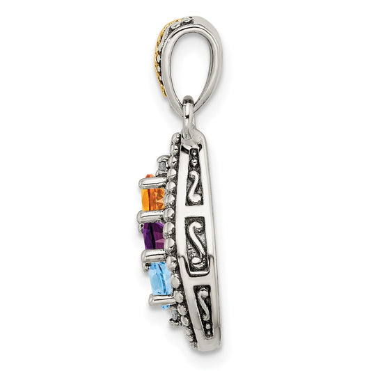 Sterling Silver Antique w/14k 3-stone w/Diamond Family Pendant w/18in Chain QMPD40_3