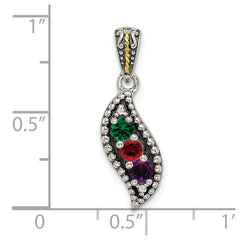 Sterling Silver Antique w/14k 3-stone w/Diamond Family Pendant w/18in Chain QMPD40_3