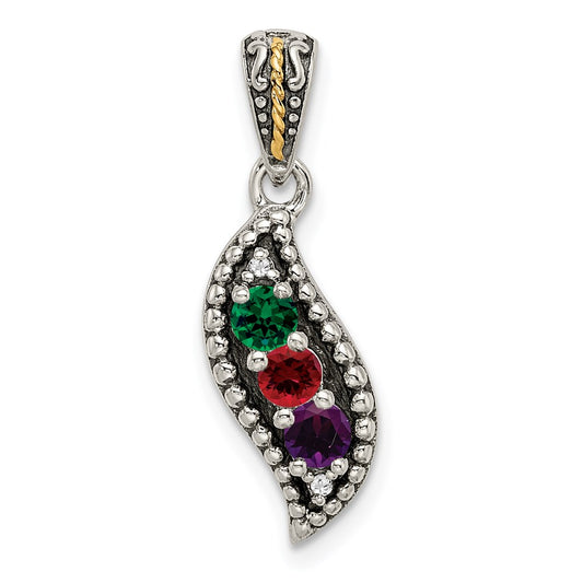 Sterling Silver Antique w/14k 3-stone w/Diamond Family Pendant w/18in Chain QMPD40_3