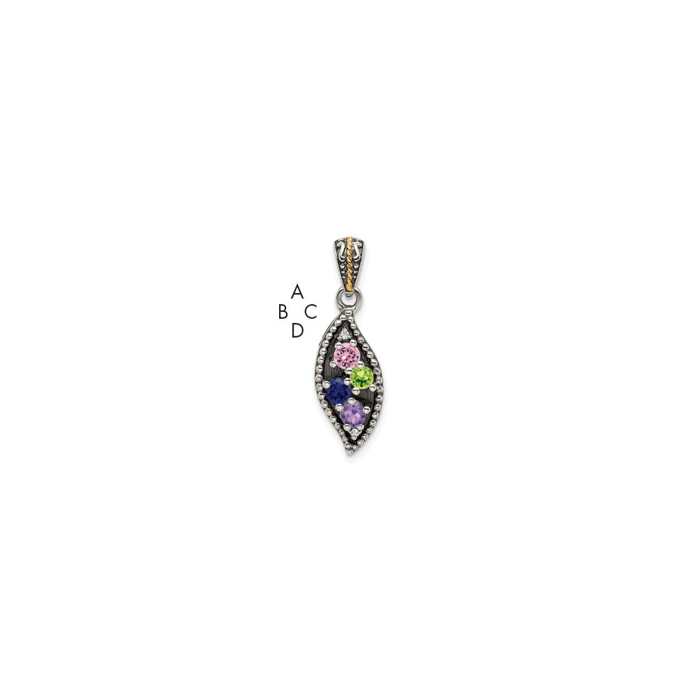 Sterling Silver Antiqued w/14k 4-stone w/Diamond Mother's Pendant QMPD40_4--6
