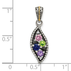 Sterling Silver Antique w/14k 4-stone w/Diamond Family Pendant w/18in Chain QMPD40_4