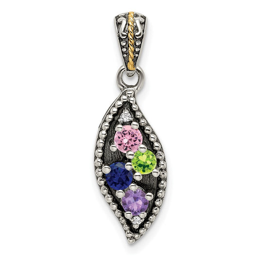 Sterling Silver Antique w/14k 4-stone w/Diamond Family Pendant w/18in Chain QMPD40_4