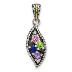 Sterling Silver Antique w/14k 4-stone w/Diamond Family Pendant w/18in Chain QMPD40_4