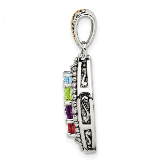 Sterling Silver Antique w/14k 5-stone w/Diamond Family Pendant w/18in Chain QMPD40_5
