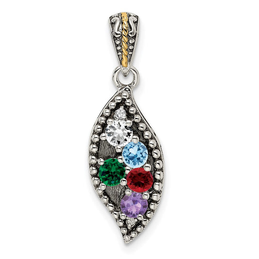 Sterling Silver Antique w/14k 5-stone w/Diamond Family Pendant w/18in Chain QMPD40_5