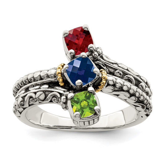 Sterling Silver Antiqued w/14k 3-stone Mother's Ring