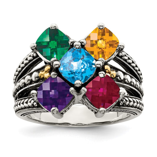 Sterling Silver Antiqued w/14k 5-stone Mother's Ring