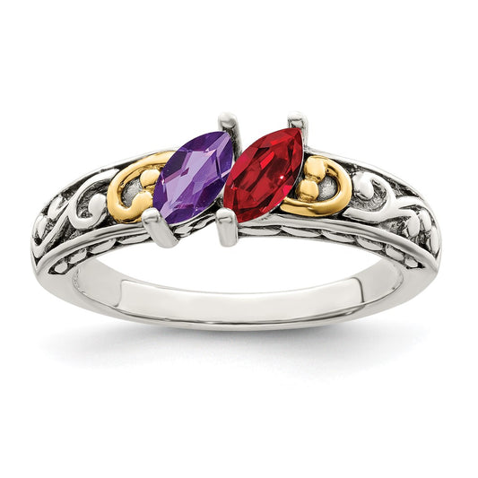 Sterling Silver Antiqued w/14k 2-stone Mother's Ring