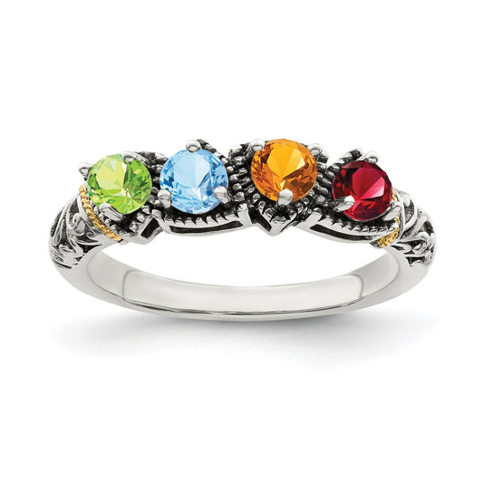 Sterling Silver Antiqued w/14k 4-stone Mother's Ring