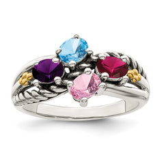 Sterling Silver Antiqued w/14k 4-stone Mother's Ring