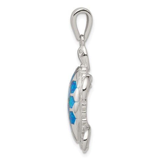 Sterling Silver Rhod-plated Created Blue Opal Inlay/CZ Tortoise Pendant QP1892