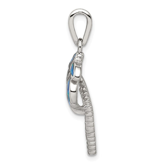Sterling Silver Rhodium-plated Created Blue Opal Inlay Palm Tree Pendant QP1896