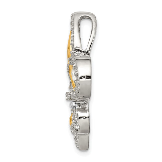 Sterling Silver CZ Fleur de Lis w/ Flash Gold-Plated Chain Slide Pendant QP1952
