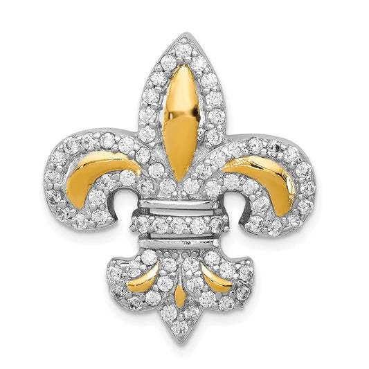 Sterling Silver CZ Fleur de Lis w/ Flash Gold-Plated Chain Slide Pendant QP1952