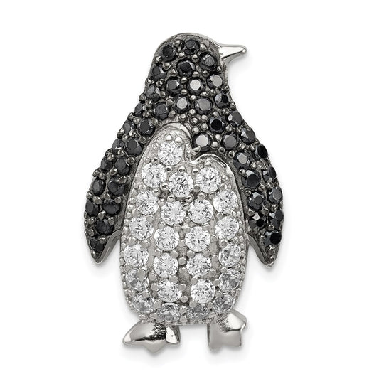 Sterling Silver Rhodium-plated Black & White CZ Penguin Chain Slide QP2106